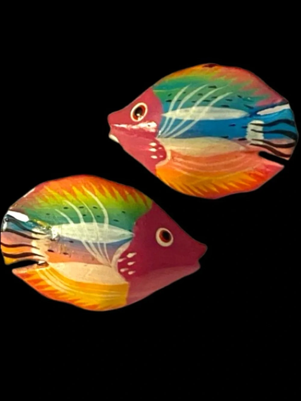 Vintage Wooden Hand Crafted Earrings Pierced Tropical Fish Design Colorful